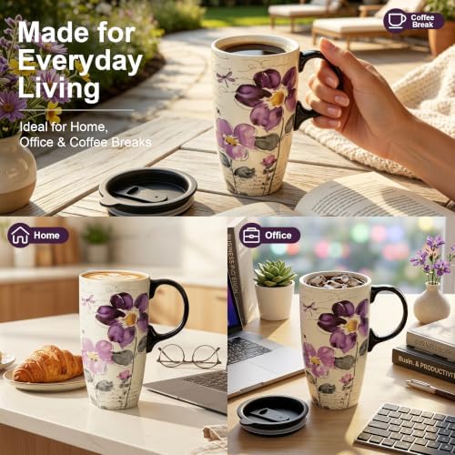 Topadorn 17oz Ceramic Travel Mug with Lid, Tall Purple Floral Coffee Mug - Image 4
