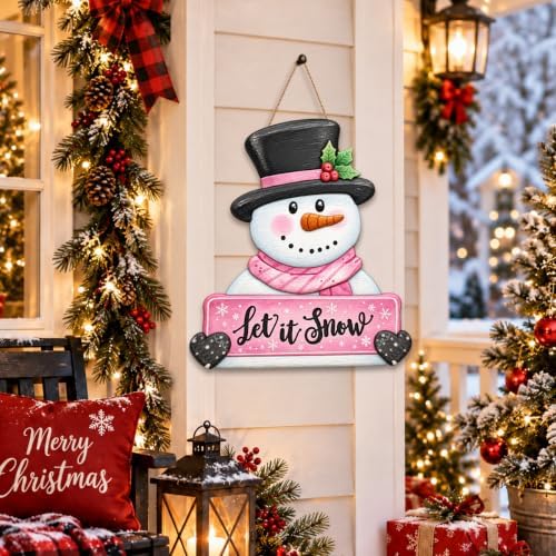 Christmas Decorations Winter Pink Snowman Hanging Wooden Front Door Sign - Image 4