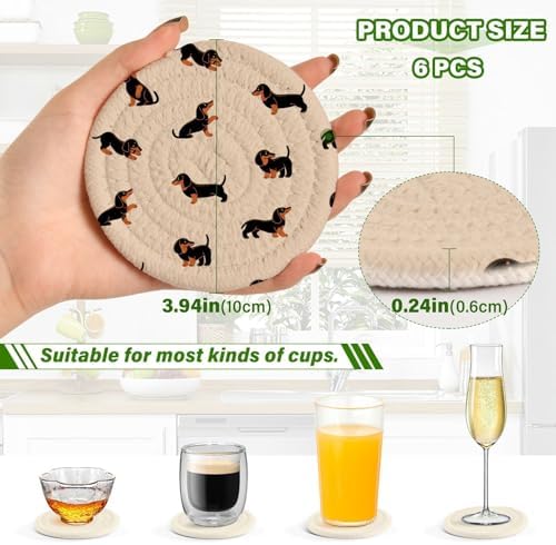 YETTASBIN Cute Dachshund Dog 6 Pcs Drink Coasters with Holder, Cotton Woven Absorbent Heat-Resistant Round Coaster Non-Slip Table Mat for Kitchen Bar Home Decor Housewarming Gift, 3.9 in - Image 3