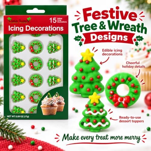 Oasis Supply Christmas Trees & Wreaths Edible Icing Decorations – 15 Count – Holiday Cake & Cupcake Toppers for Cookies, Cakes, Cupcakes & Desserts - Image 6