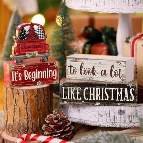 Moucuny 4 Pcs Christmas Truck Table Decor Wooden Farmhouse Block Signs - Image 4