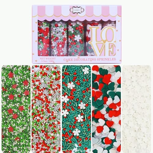 Confect Christmas Sprinkles | Sprinkles for Baking & Cake Decorative | Assorted pack of 5 Silver, Red, Green & White I Heart, stars, Snowflakes sparkling sugar | Cookie sprinkles| Dessert Decorating by CONFECTTHECAKEDECORATINGCO