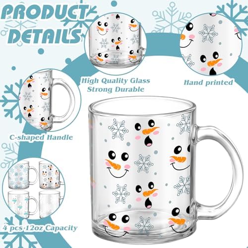 Tioncy 4 Pcs Christmas Snowman Glass Mugs, 12 oz Winter Coffee Cups - Image 3
