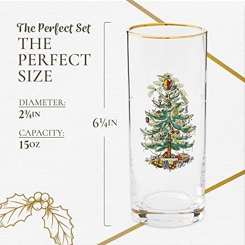 Spode Christmas Tree 15oz Highball Glasses, Set of 4 - Gold-Rimmed Elegant Holiday-Themed Glassware, Festive Holiday Drinkware for Christmas Parties, New Year’s Toasts & Festive Occasions - Image 6