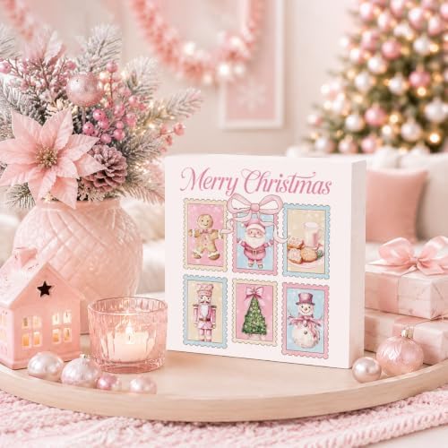 Pink Christmas Decor, Christmas Decorations Indoor, Bow Xmas Tree Santa Claus Snowman Nutcracker Gingerbread Sign Gift for Women Friends, Rustic Wooden Box Sign for Home Bedroom Desk Decor 5x5 Inches - Image 3