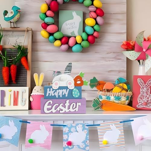 Easter Decorations, MEETYAMOR 3-Layered Easter Bunny with Carrots Farmhouse Wood Block Easter Decor, Happy Easter Sign Easter Egg Design Easter Decorations Indoor for Home, Living Room, Tables, Mantel - Image 6