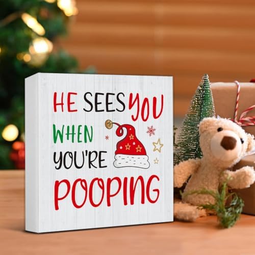 Christmas Bathroom Decorations, Funny Christmas Wood Sign Decor 5x5 Inches - Image 5