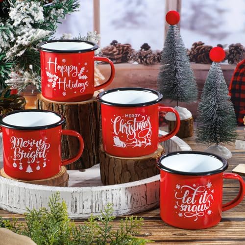 Christmas Enamel Mug Set of 4, 12 oz Hot Cocoa Mugs Christmas Coffee Mugs with Quotes Holiday Mus Stocking Stuffer Xmas Gift for Kids Women Friends Coworkers Family(Red&Quotes) - Image 4