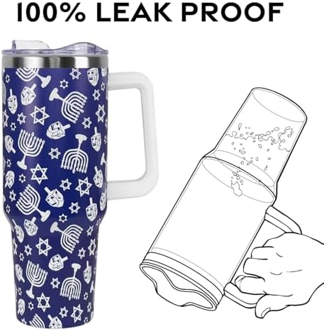 Hanukkah Tumbler with Handle and Straw Lid 40 oz,Cute Blue Merry Xmas Love & Light Gifts for Women Vacuum Insulated Leak Proof Tumbler,Winter Holiday Accessories Stainless Steel Coffee Cup Mug - Image 4