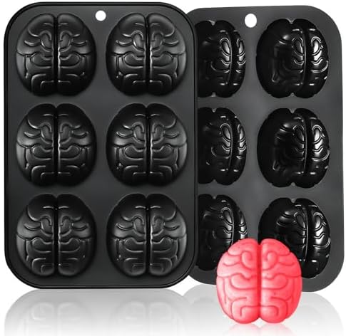 HKNMTT Halloween Brain Silicone Molds 2 Pack 6 Cavity, Spooky Brain Shape Baking Tray for Chocolate Candy Wax Melts Tarts Cupcake Pizza Cake Oven Safe Food Grade Moulds for Kids Party DIY Fun by HKNMTT