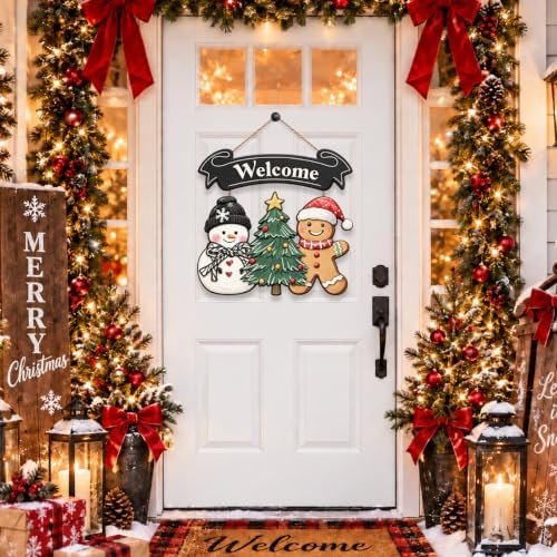 Christmas Decorations Snowman Gingerbread Christmas Tree Welcome Wood Sign - Image 2