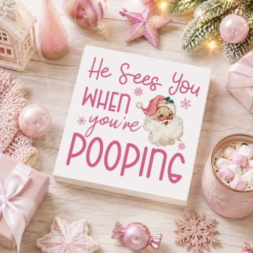 Pink Christmas Decor, Pink Christmas Bathroom Decor, Funny Santa Gift Decorations, Wooden Box Sign for Home Farmhouse Office Living Room Table Shelf Tiered Desk Bathroom Decor - Image 3