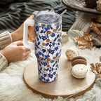 Fall Thanksgiving Tumbler with Lid and Straw 40oz, Cute Blue and White Porcelain Pumpkin Leaves Vacuum Insulated Leak Proof Stainless Steel Coffee Cup, Farmhouse Accessories Gift for Women Girls - Image 2