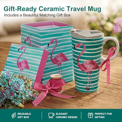 Topadorn 17oz Ceramic Travel Mug with Lid, Flamingo Coffee Mug with Handle - Image 2