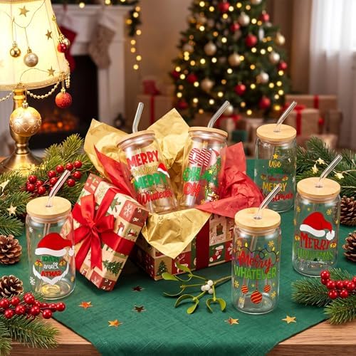 SiliFine 6 Pcs Christmas Glass Cups with Lid and Glass Straw, 16 oz - Image 5
