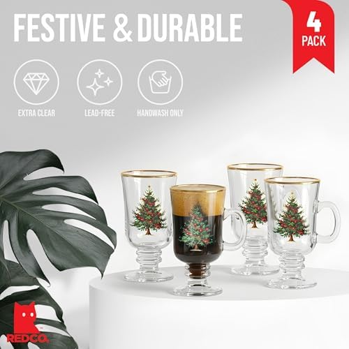 Red Co. Set of 4 Clear Glass 8 Fl Oz Christmas Tree Drinking Tumblers with Gold Rim – Irish Coffee Mug - Image 2