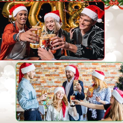 6 Set Christmas Glasses Cups with Bamboo Lid and Glass Straw 16 oz Christmas Drinking Cup Red Black Santa Gingerbread Beer Iced Coffee Cup Xmas Tumbler Mugs for Women Men Holiday Party Gifts - Image 6