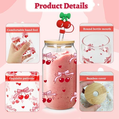 Coquette Cute Glass Cup with Lids and Straws 18OZ Cherry Iced Coffee Cup - Image 3