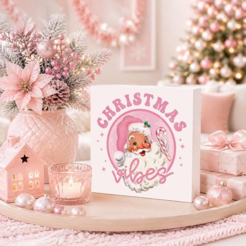 Pink Christmas Decor, Vintage Christmas Decorations Indoor, Glitter Candy Cane Santa Claus Sign Gift for Women Friends, Rustic Farmhouse Wooden Box Sign for Home Office Bedroom Desk Decor 5x5 Inches - Image 3