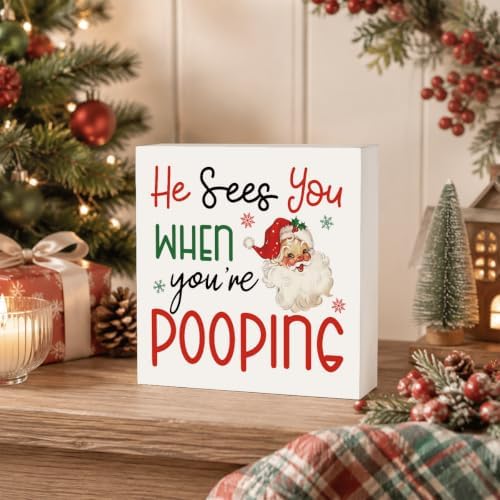 Christmas Bathroom Decor, Funny Christmas Santa Decorations Wooden Box Sign - Image 5
