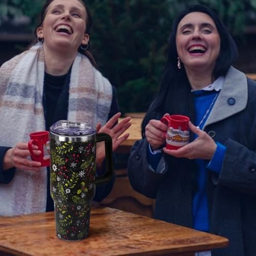 Christmas Tumbler with Handle and Straw Lid 40 oz,Cute Merry Xmas Holly Berries Snowflake Gifts for Women Vacuum Insulated Leak Proof Tumbler,Winter Holiday Accessories Stainless Steel Coffee Cup Mug - Image 2