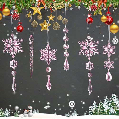 Crystal Christmas Tree Ornaments, Pink Acrylic Snowflake & Icicle, 32pcs - Image 4