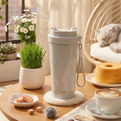 YOME 17oz Serene Cat Grey Ceramic Lined Insulated Coffee Mug with Infuser for Women Gift | One-handed Pop Open Lid | Stainless Steel |Keep Drinks Cold and Hot| 100% Leak Proof - Image 2