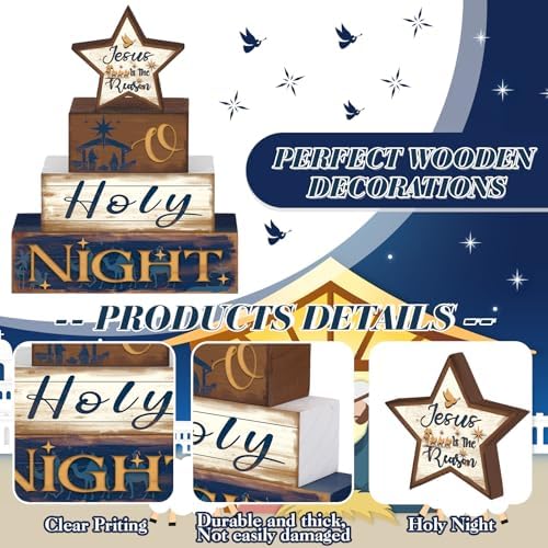 Moucuny 4 Pcs Christmas Jesus Religious Table Decor O Holy Night Blocks - Image 3