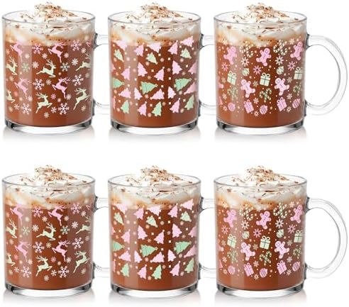 Vesici 6 Set Christmas Glass Mugs 12oz Cute with Handle by Vesici