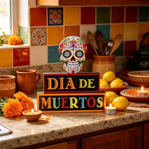 MEETYAMOR Day of the Dead Decor, Wood Block Sugar Skull Dia De Los Muertos Decorations with DIA DE MUERTOS Sign, 3-Layered Wooden Skeleton Decor for Altar, Ofrenda, Home, Table, Mexican Fiesta - Image 3