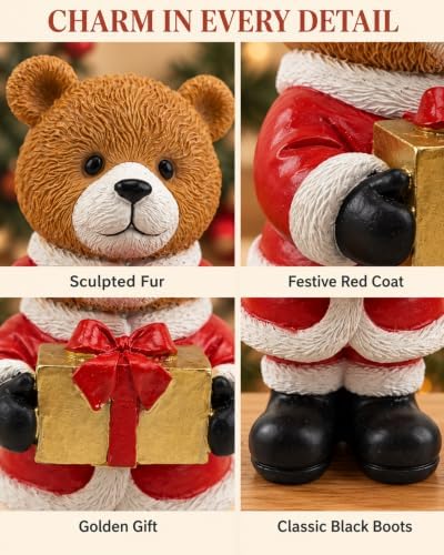 Christmas Teddy Bear Resin Figurine with Gold Present 5.1'' Holiday Decor - Image 5