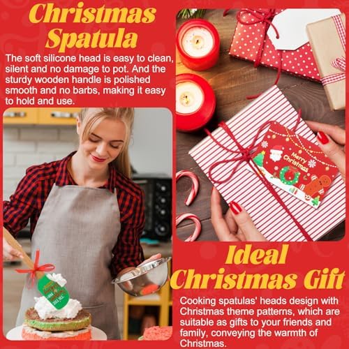 Newtay 10 Sets Christmas Silicone Spatula Cake Spatula Bulk Cooking Scraper with Wooden Handle Xmas Greeting Card Ribbon for Christmas Decoration Holiday Gifts Kitchen Party Favors (Classic Style) - Image 6