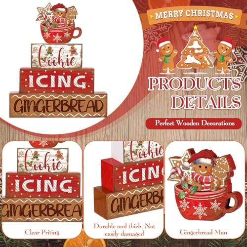 Moucuny 4 Pcs Christmas Gingerbread Man Table Decorations Xmas Block Signs - Image 3