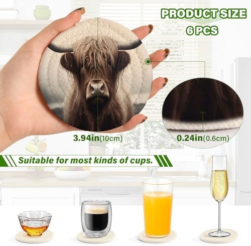YETTASBIN Highland Cow 6 Pcs Drink Coasters with Holder, Cotton Woven Absorbent Heat-Resistant Round Coaster Non-Slip Table Mat for Kitchen Bar Home Decor Housewarming Gift, 3.9 in - Image 3