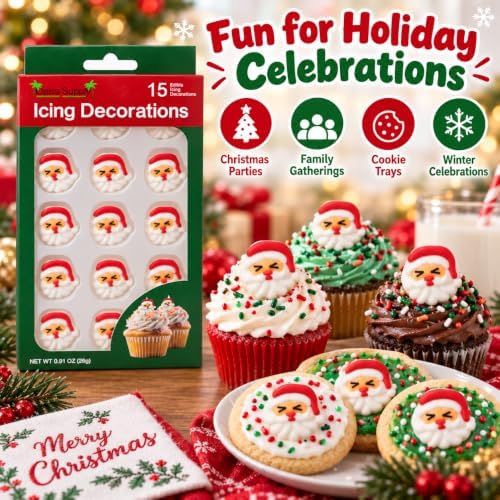 Oasis Supply Christmas Santa Face Edible Icing Decorations – 15 Count – Holiday Cake & Cupcake Toppers for Cookies, Cakes, Cupcakes & Desserts - Image 5