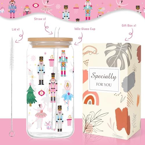 Christmas Nutcracker Gifts 16Oz Glass Coffee Cups with Lid Straw - Image 2