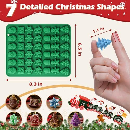 HKNMTT Christmas Silicone Molds for Xmas Candy Chocolate Wax Decor, 84 Cavity 7 Shapes Gummy Mould, Including Santa Gift Box Snowflake Bell Glove Tree Gingerbread Food Grade Holiday Baking DIY Moulds - Image 2