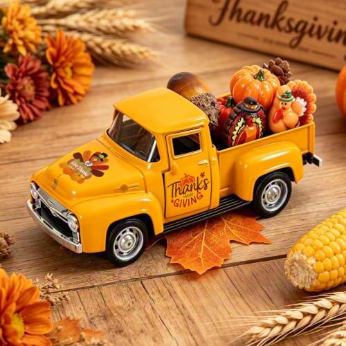 Fall Thanksgiving Turkey Metal Truck with Pumpkin Tiered Tray Decor by Qeinwha