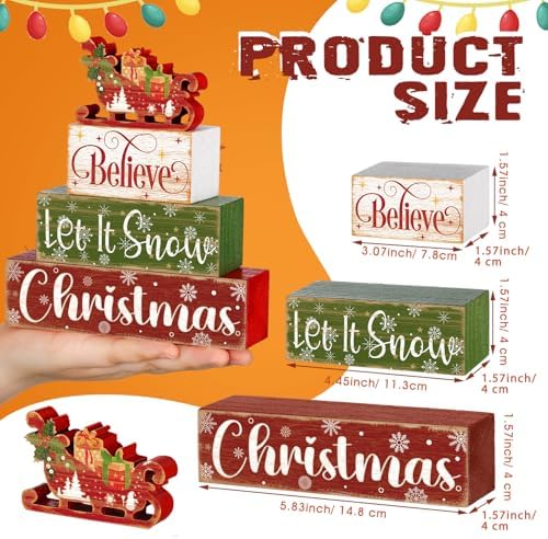 Moucuny 4 Pcs Christmas Sleigh Table Decorations Xmas Wood Block Signs - Image 2
