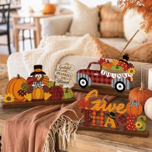 3 Pcs Fall Centerpieces for Tables, Wooden Autumn Fall Decorations for Home - Image 6