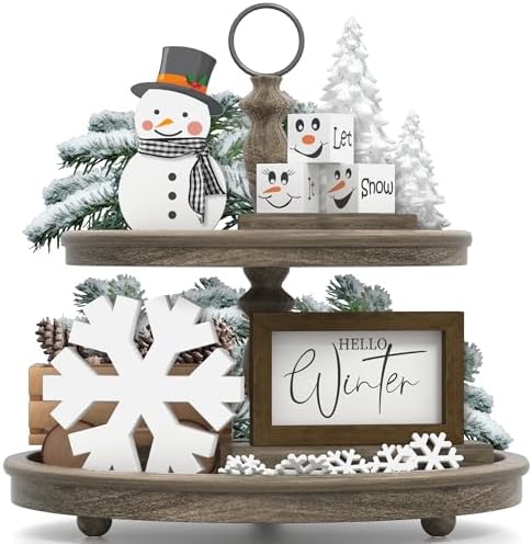 Christmas/Winter Tiered Tray Decor, 6 Pcs Hello Winter Snowflake Snowman Table Signs Let It Snow Wooden Signs for Home Kitchen Office - Image 2