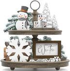 Christmas/Winter Tiered Tray Decor, 6 Pcs Hello Winter Snowflake Snowman Table Signs Let It Snow Wooden Signs for Home Kitchen Office - Image 2