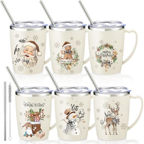 Didaey 6 Pcs Christmas Coffee Mugs Cups 11 oz Christmas Stainless Steel Tumbler Vacuum Insulated Coffee Cups with Handle Lid Straw Wine Mug for Winter Xmas Gift Holiday Party Supplies(Neutral) by Didaey