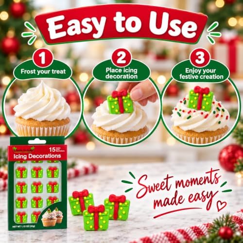 Oasis Supply Christmas Presents Edible Icing Decorations – 15 Count – Green Gift Box Cake & Cupcake Toppers for Cookies, Cakes, Cupcakes & Holiday Desserts - Image 4