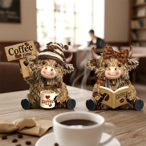 2 Pack Resin Highland Cow Figurine Decor, Coffee Theme - Image 2