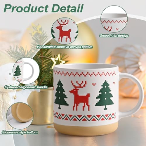 YHRJWN Christmas Mugs Set of 4, Christmas Mugs with Xmas Tree, Snowman, Snowflake, Reindeer Design Pixel Print, Xmas Coffee Mugs for Family Friends, 12 Oz - Image 7