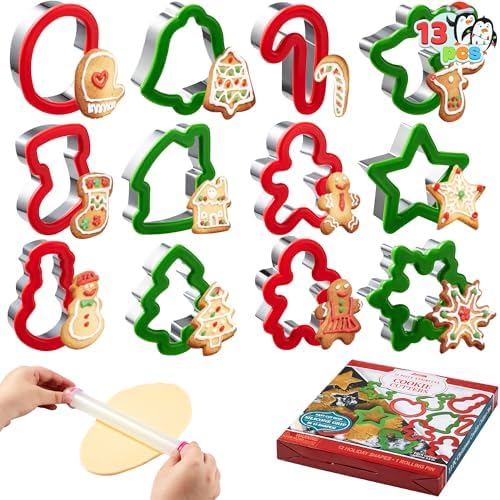 JOYIN 13 PCS Christmas Cookie Cutters in Stainless Steel with 3.5í plus Grip and a Rolling Pin for Xmas Holiday Party Baking Supplies, Snowflake, Gingerbread Cookies Mold and Baking Gift by JOYIN