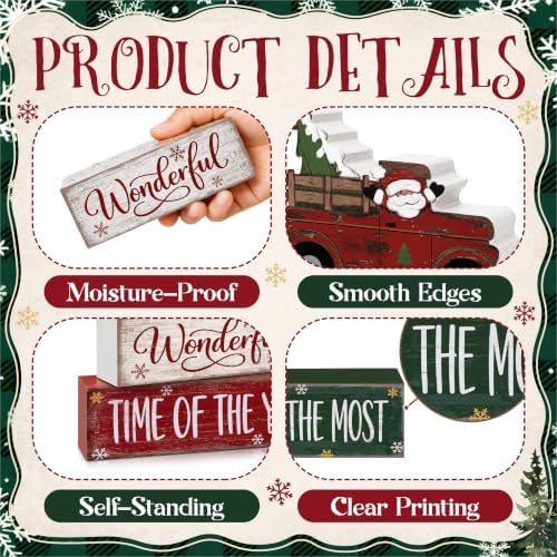 4 Pcs Christmas Table Decorations, Wooden Truck Block Sign Indoor - Image 4
