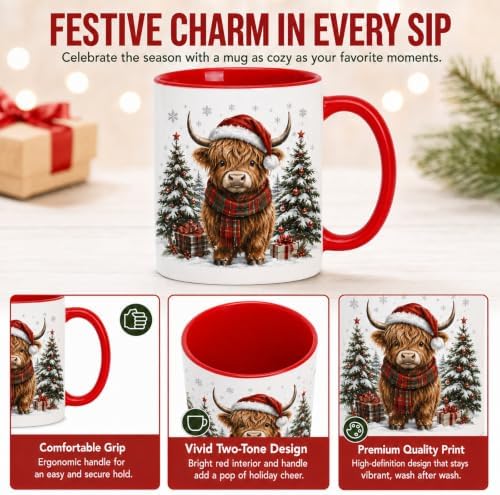 Highland Cow Gifts for Women, Christmas Mugs with Festive Red Handl - Image 3