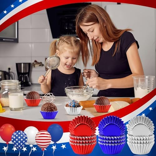 400pcs 4th of July Mini Foil Cupcake Liners Red Blue Silver - Image 3